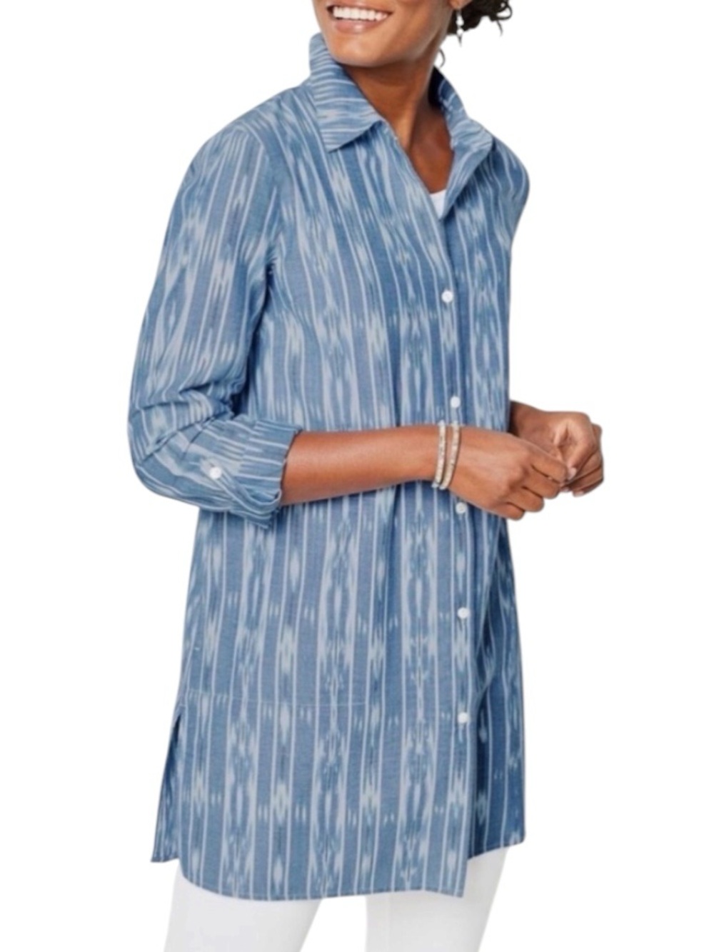 J. Jill Cotton Blue Ikat-Striped Button Front Roll Tab Relaxed Coastal Tunic Top